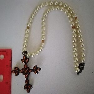 Costume Necklace Glass Flaux Pearls Citrine Cross